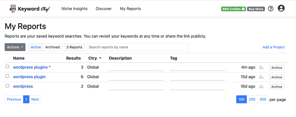 keyword chef My Reports - Get An Overview Of Your Analysed Keywords