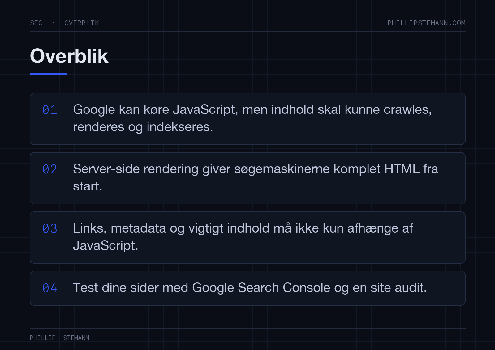 JavaScript SEO: sådan optimerer du dit website til søgemaskinerne 2 Overblik med fire hovedpointer om JavaScript SEO: crawling, rendering, tilgængeligt indhold og test af dine sider