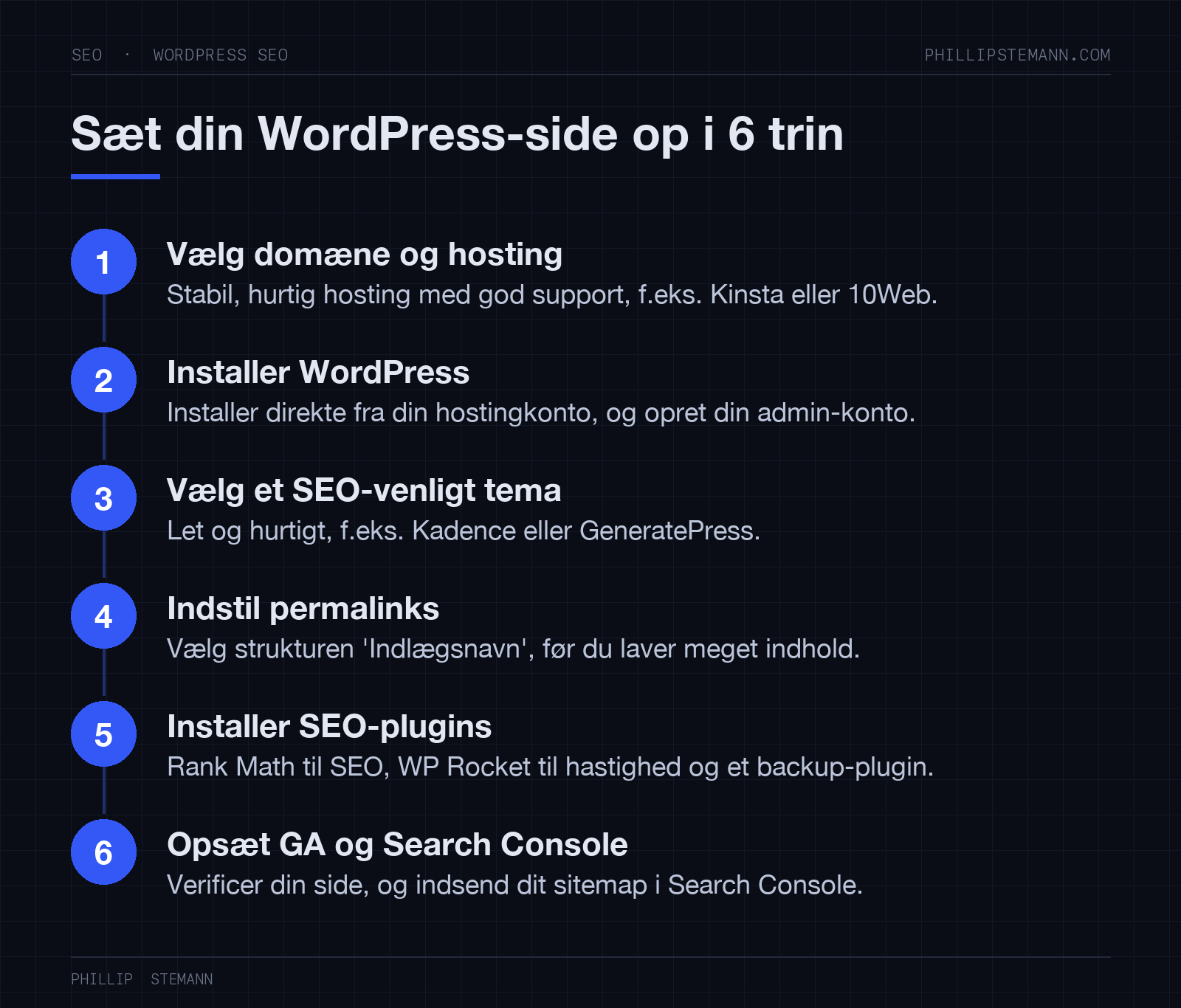 WordPress SEO: den ultimative praktiske guide 2 Seks trin til at sætte en WordPress-side op til SEO: hosting, WordPress, tema, permalinks, plugins og Google-værktøjer