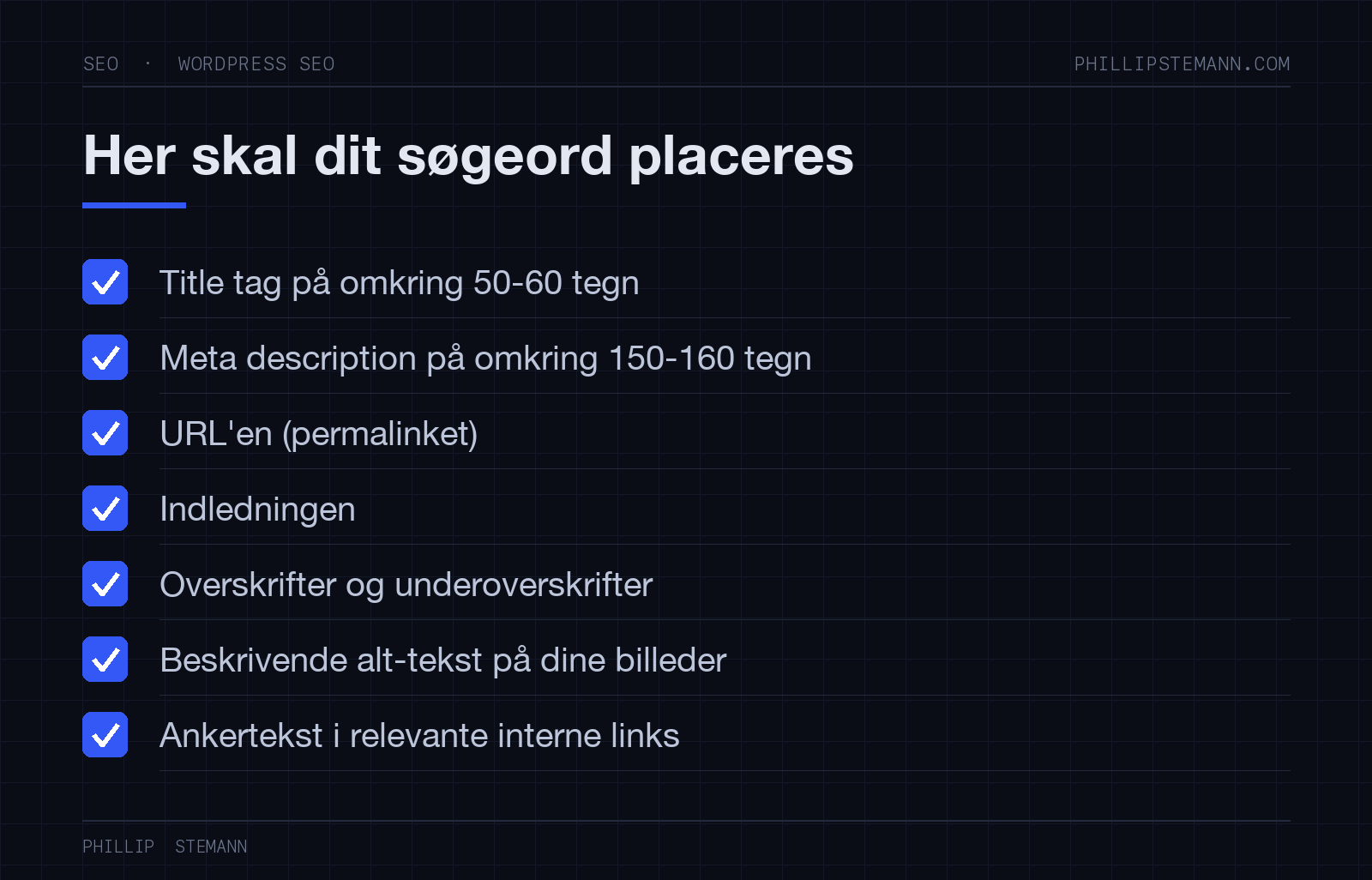 WordPress SEO: den ultimative praktiske guide 13 Tjekliste over hvor fokussøgeordet bør stå: title tag, meta description, URL, indledning, overskrifter, alt-tekst og interne links