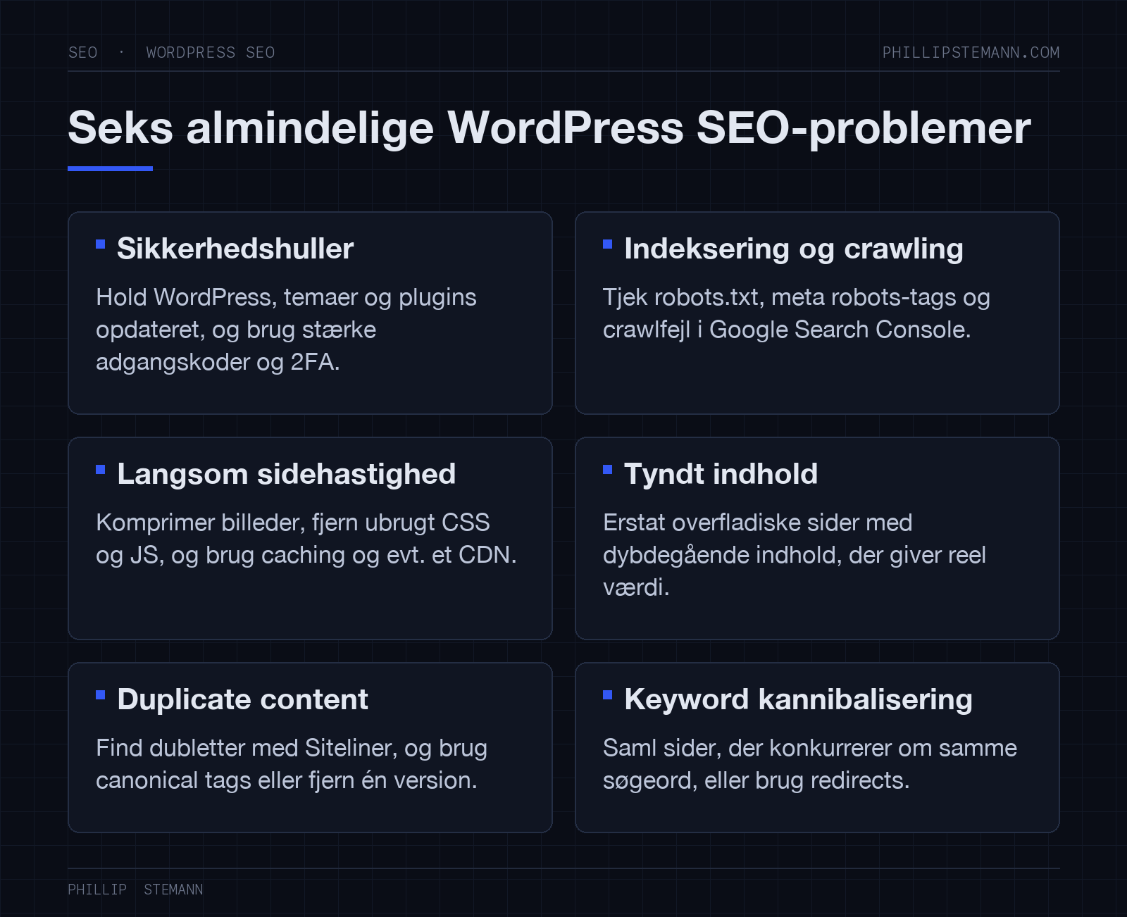 WordPress SEO: den ultimative praktiske guide 17 Seks almindelige WordPress SEO-problemer med løsninger: sikkerhed, indeksering, hastighed, tyndt indhold, dubletter, kannibalisering